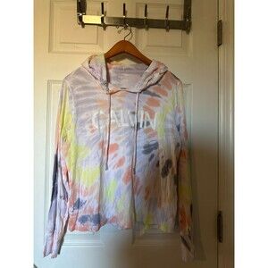 Calvin Klein Crop Hoodie Women’s Medium Monogram Logo Tie Dye multi color